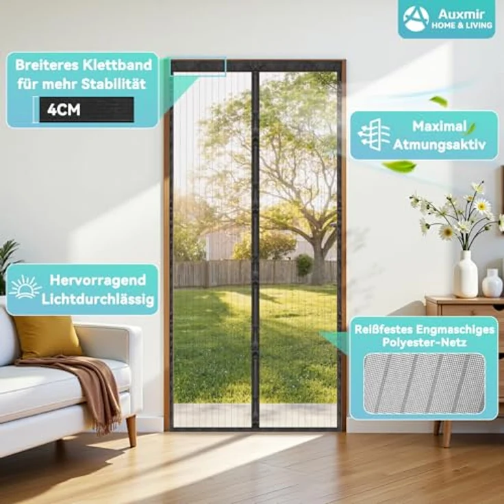Auxmir Fliegengitter Balkontür Magnet 90x210cm, Insektenschutz mit starken Magneten und 4cm breitem Klettband, einfache Installation ohne Bohren für Wohnzimmer und Terrassentür – Bild 2