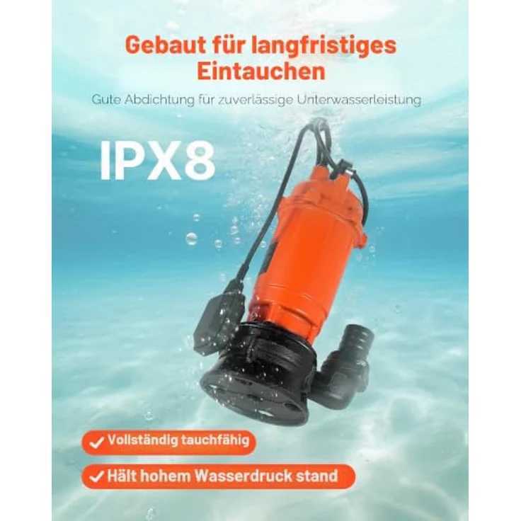 VEVOR 1500W Tauchpumpe WQD1500, 22800l/h, Gusseisen mit IPX8, automatischer Schwimmerschalter, 18m Förderhöhe, optimal zum Abpumpen von Schmutzwasser für Pools und Teiche – Bild 5