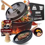 GUSSKÖNIG Dutch Oven Set, Eingebrannter Gusseisen Feuertopf 4,5L für 2-4 Personen mit Füßen, 2-in-1 Deckelheber, Bürste & Rezeptbuch, 30 Jahre Garantie