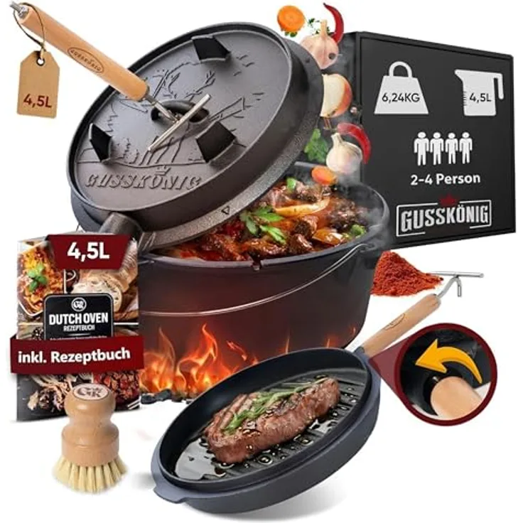 GUSSKÖNIG Dutch Oven Set, Eingebrannter Gusseisen Feuertopf 4,5L für 2-4 Personen mit Füßen, 2-in-1 Deckelheber, Bürste & Rezeptbuch, 30 Jahre Garantie