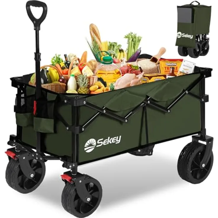 Sekey XXL Bollerwagen, faltbar mit Bremsen, 150L Kapazität, 150KG Tragkraft, breite Reifen für alle Gelände, patentiert zusammenfaltbar, dunkelgrün