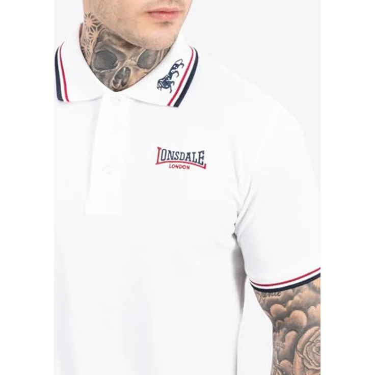 Lonsdale Poloshirt Lion, Arbeitsshirt mit farblich abgesetzten Stickereien und gestreiften Bündchen, blau – Bild 4