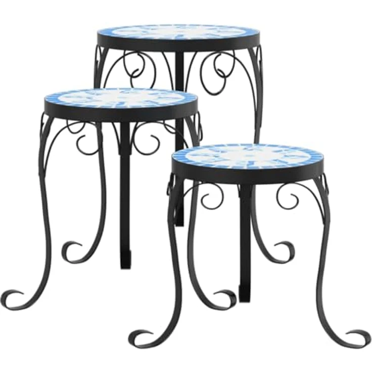 vidaXL Blumenständer, Pflanzenständer 3 Stk. Blau und Weiß Keramik, Mosaik-Design, robustes Eisen gestell, mediterrane Atmosphäre – Bild 2