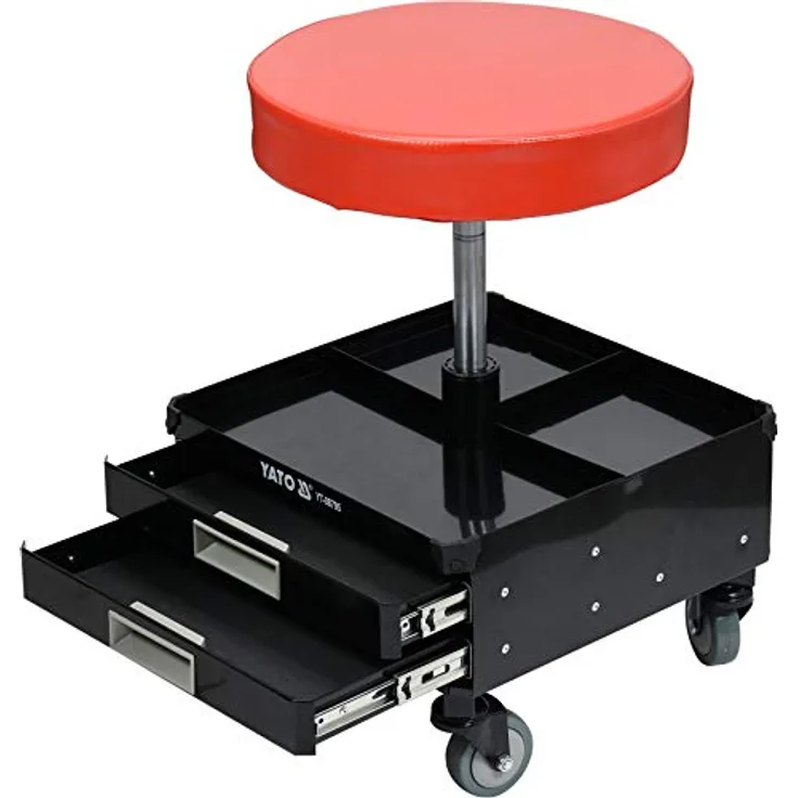 YATO Profi XXL Werkstatthocker, höhenverstellbar 450-560 mm, 3 Stahlschubladen, schwenkbar 360°, 4 Gummiräder, stabile Stahlkonstruktion, Tragfähigkeit 150 kg