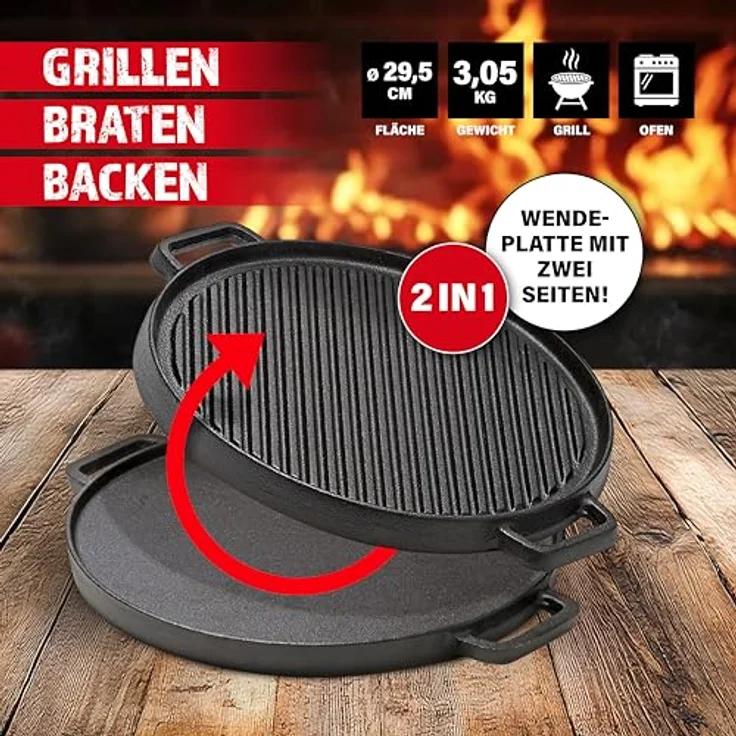 BBQ BOSS Grillplatte Induktion [2 in 1], Gusseisen Rund, Wendbar, Ø 29,5 cm für Grill und Ofen – Bild 2