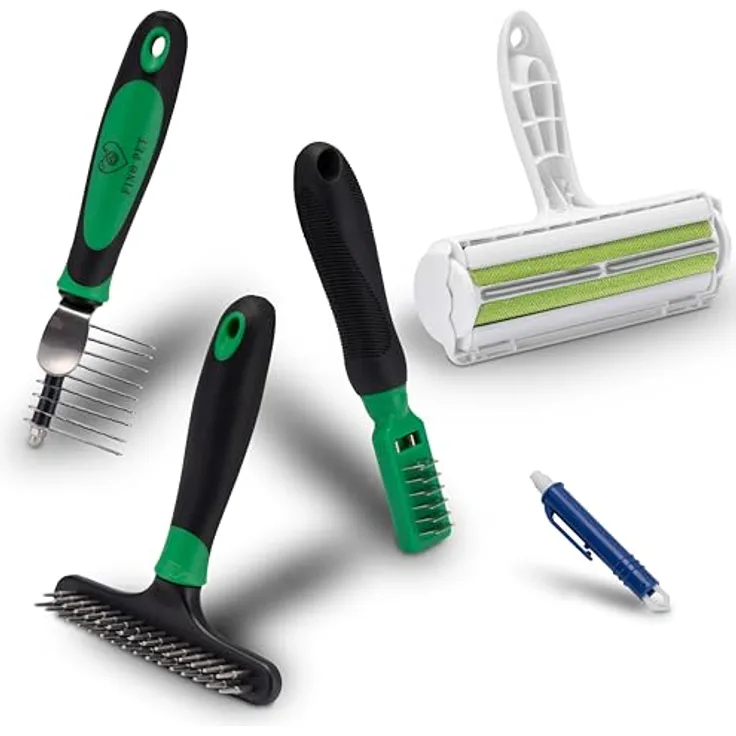 FinoPet 5er Entfilzungs-Set mit verschiedenen Hundebürsten/Katzenbürsten, XL Fusselrolle, Zeckenzange, Entfilzer, Langhaar Kurzhaar Unterwolle Bürsten Tierhaarentferner, Automatische Zeckenentfernung
