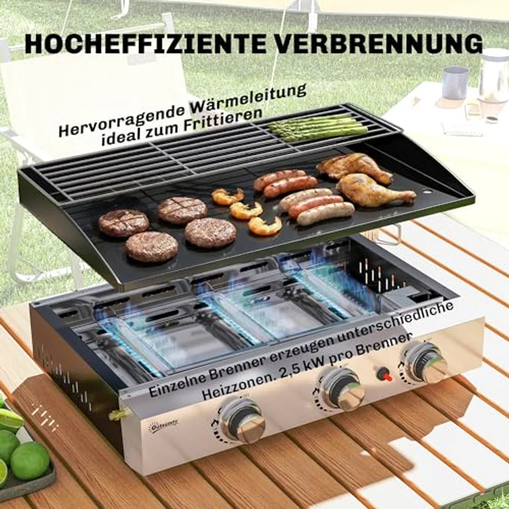 Outsunny Gasgrill 7,5 KW Tragbarer Tischgrill mit 3 Edelstahlbrennern, emaillierter Grillplatte, herausnehmbarem Fettauffangbehälter und Warmhalterost für Garten und Balkon – Bild 3