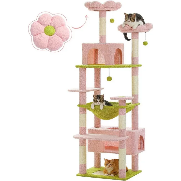 PurpurRain Kratzbaum Katzenturm mit Hängematte und Katzenhöhle, 3 Höhen, Sisal überzogenen Kratzsäulen, gepolsterten Habitaten, Wohnungen und Körbe