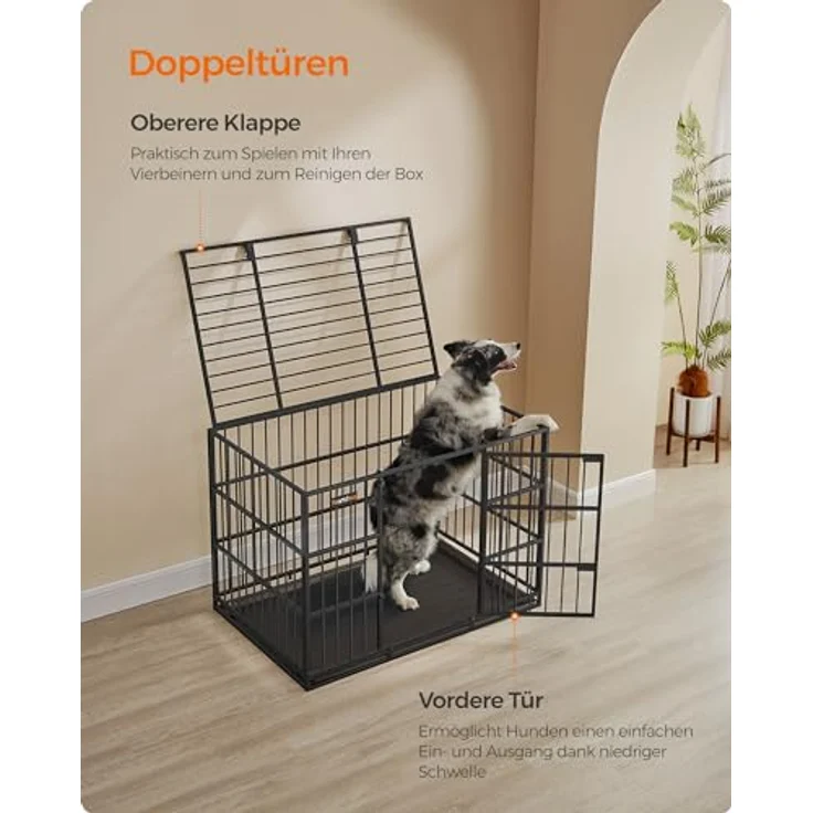 Feandrea Hundekäfig hochbelastbar, Hundebox, 107 x 70 x 75 cm, für mittelgroße und große Hunde, mit herausnehmbarer Bodenschale, Doppeltüren, leicht zu reinigen, tintenschwarz – Bild 5