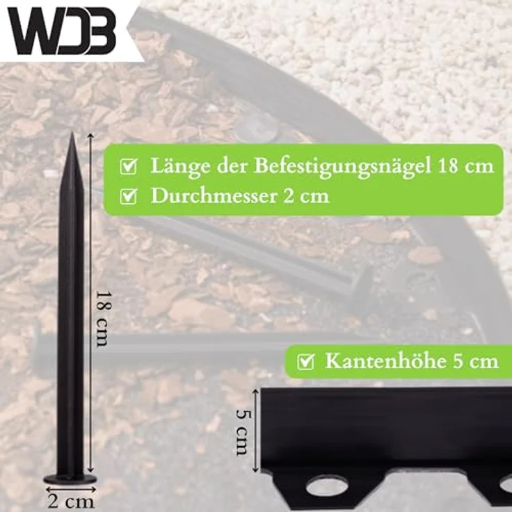 WDB Flexible Rasenkante aus Kunststoff, 20m lang und 5cm hoch, mit 40 Befestigungsnägeln, schwarz RAL 9005, witterungsbeständig und einfach zu installieren – Bild 4
