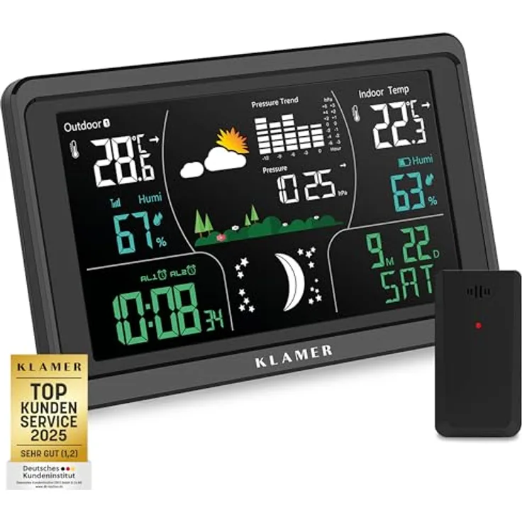 KLAMER Wetterstation Funk mit Außensensor, digitale Funkwetterstation mit Temperaturwarnung, Raumthermometer innen und außen, Wecker, Barometer, RCC Funkuhr, batteriebetrieben und netzbetrieben, schwarz