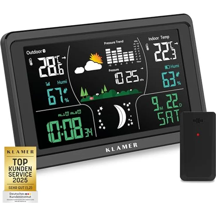 KLAMER Wetterstation Funk mit Außensensor, digitale Funkwetterstation mit Temperaturwarnung, Raumthermometer innen und außen, Wecker, Barometer, RCC Funkuhr, batteriebetrieben und netzbetrieben, schwarz – Bild 1