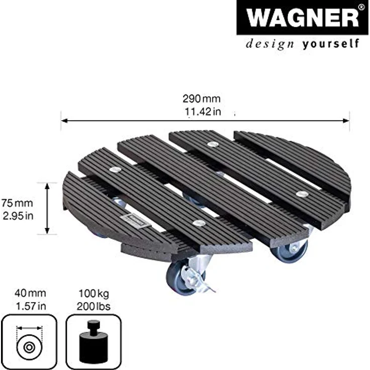 WAGNER Pflanzenroller WPC Ø 29 x 7 cm I Pflanzenroller & Blumenroller für Außenbereich + Innenbereich, anthrazit I Kübelroller Wood Plastic Composite mit 2 Feststellern I Tragkraft 100 kg - 20052501 – Bild 2