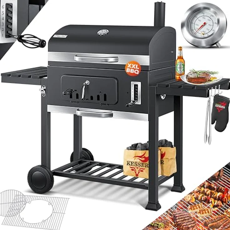 KESSER® Grill Grillwagen XXL Holzkohlegrill mit Deckel, Rädern, Edelstahl-Griff, Thermometer - Kohle BBQ Barbeque Camping, Terrasse, Garten (Schwarz) – Bild 1