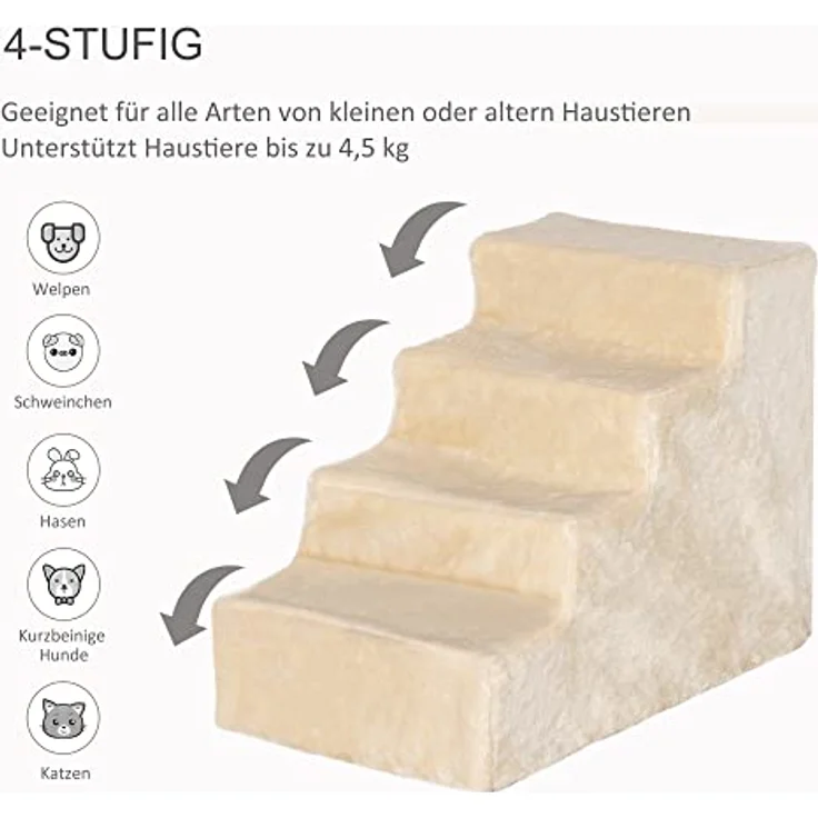 PawHut Haustiertreppe 4-stufige Hunderampe mit Abnehmbarer Bezug Katzentreppe Hundetreppe Tiertreppe Plüsch Beige 60 x 35 x 44 cm – Bild 5