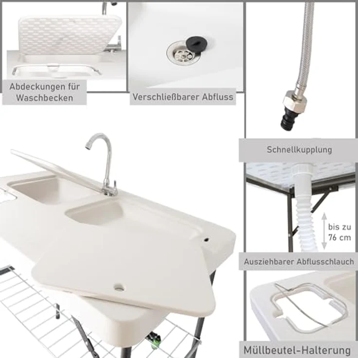 Lemodo Kunststoffspüle Filetiertisch klappbar mit zwei Becken und Abdeckungen, 101/65.5 cm, weiß, robustes Material, wetterbeständig, Outdoor-Spüle, Multifunktionswaschtisch - Preisvergleich – Bild 5