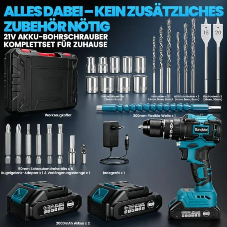 Bundviel Akku-Schlagbohrschrauber Set, 21V bürstenloser Motor mit 65 Nm, 2x 2000mAh Akkus, 25+3 Drehmomentstufen, 10-mm Schnellspannbohrfutter, 29-teiliges Zubehör – Bild 8