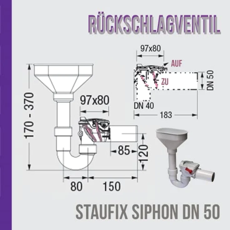 KESSEL 73053 Rückstaudoppelverschluss Staufix Siphon DN 50, handverriegelbar, Kunststoff mit Wandbefestigung – Bild 4