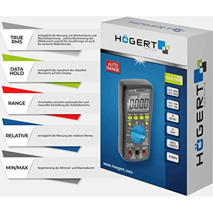 HÖGERT TECHNIK Digitales Multimeter HT-145, TRUE RMS, Temperaturmessung bis 1000°C, LCD mit Hintergrundbeleuchtung, kompakt & präzise für Elektro, Werkstatt und Kfz – Bild 3