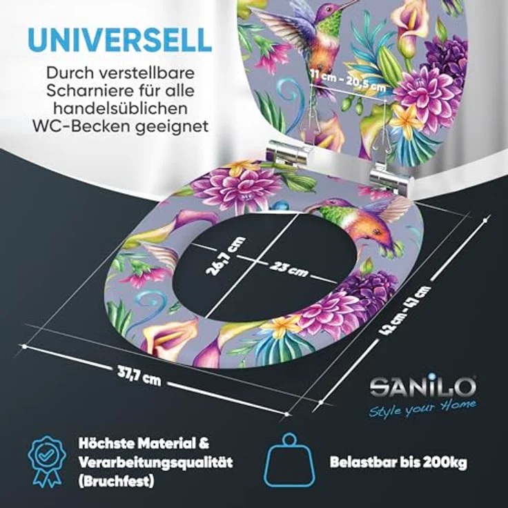 Sanilo Kolibri WC Sitz mit Absenkautomatik, Holz, antibakterielle Oberfläche, belastbar bis 200 kg, passend für Standard WCs – Bild 5
