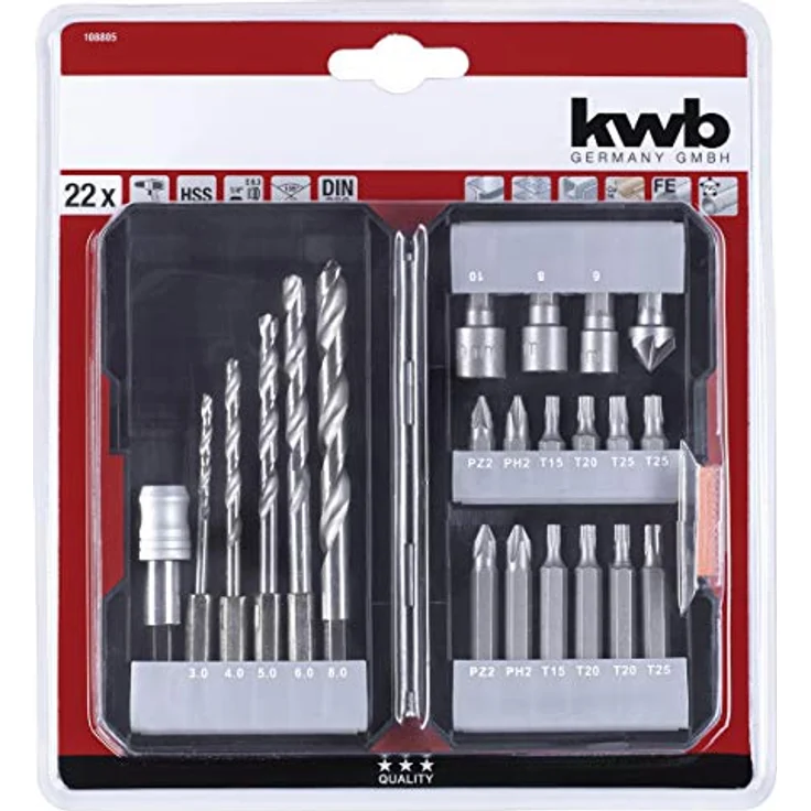 kwb 108805 22-teilige Bit und Bohrer-Box m. Sechkant-Schaft, 5 x HSS Metallbohrer und Bits PH, PZ u. Torx im Set inkl. Senker, Bit-Halter u. Steckschlüssel-Bits – Bild 6