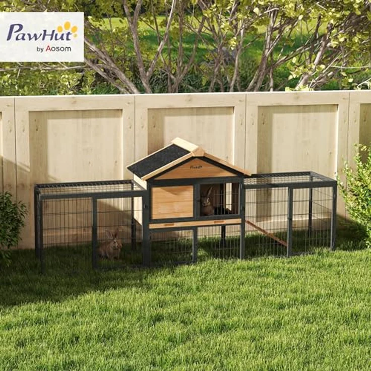 PawHut Hasenstall 2 Ebenen mit Satteldach, Winterfestes Doppelstockhaus aus Vollholz mit Freilaufgehege, 217x53x86 cm, Gelb – Bild 2