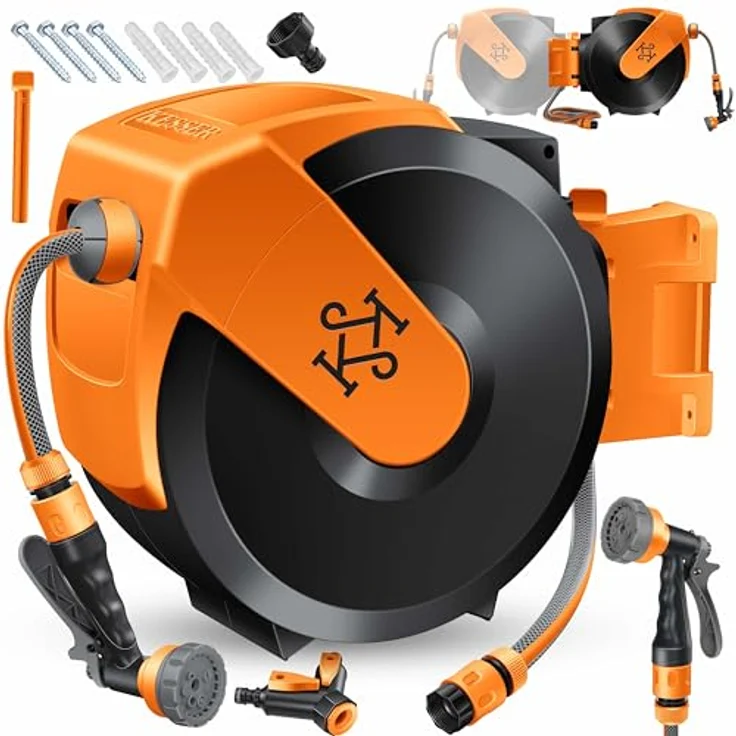 KESSER® Schlauchtrommel mit 15m Gartenschlauch | Wandmontage, 180° schwenkbar, automatische Aufrollung & 7-Funktionen Handbrause – Bild 1
