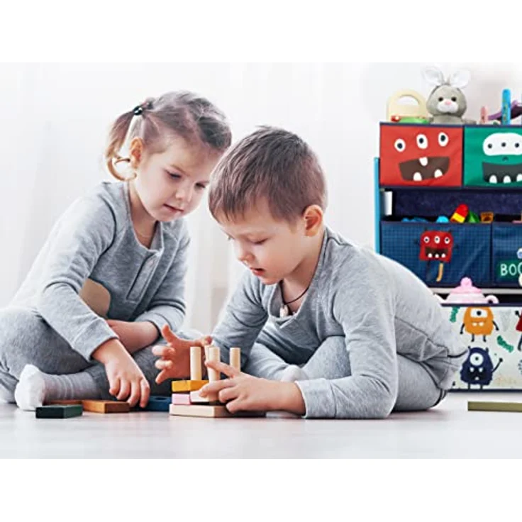 Relaxdays Kinderregal mit 9 Stoffboxen, Monster Design, HxBxT: 70 x 92,5 30 cm, Spielzeugregal fürs Kinderzimmer, bunt, Dunkelblau, Türkis, Orange – Bild 3