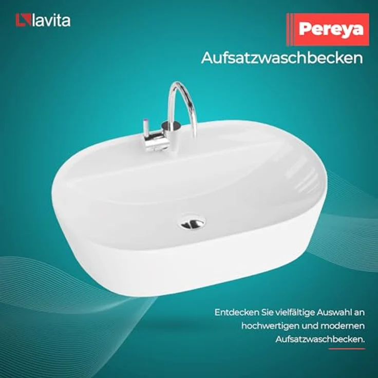 LAVITA Aufsatzwaschtisch Pereya | Rechteckiges Aufsatzwaschbecken ohne Überlauf und mit Hahnloch | Aus hochwertigem Porzellan | 50,5x38,5x12 cm | Weiß Glanz – Bild 2