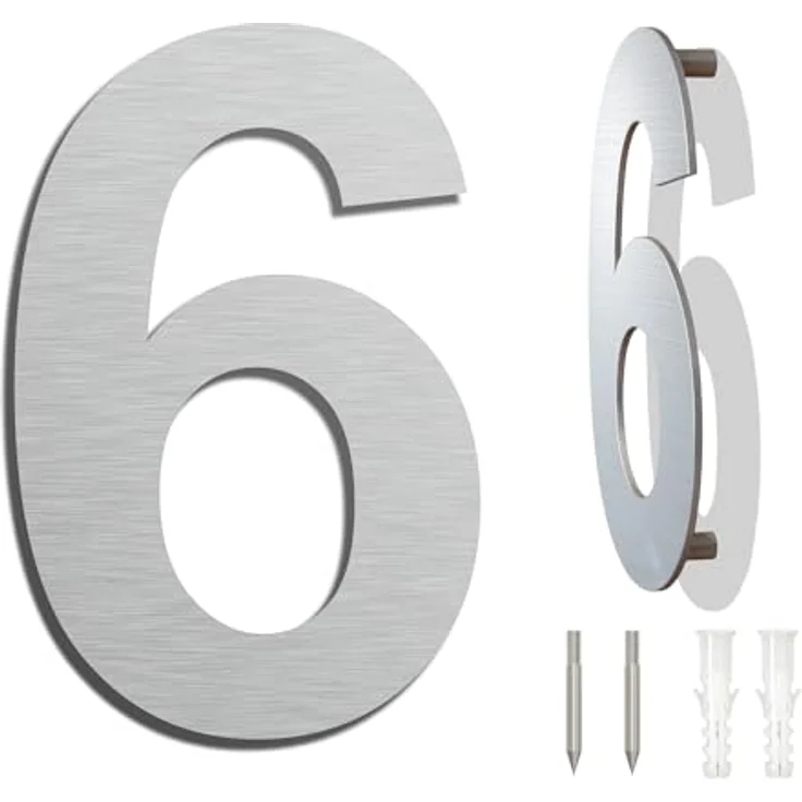 Ywonoby Edelstahl Hausnummer 102 mm, wetterfest mit metallic mattem Silber Finish, modernes schwebendes Design, einfache Installation, Serif-Ziffer Arial 6/9 – Bild 1