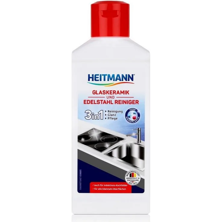 HEITMANN Glaskeramik- und Edelstahl Reiniger 250ml - Intensivreiniger für Kratzschutz, ideal für Induktionskochfelder, Chrom und Messing