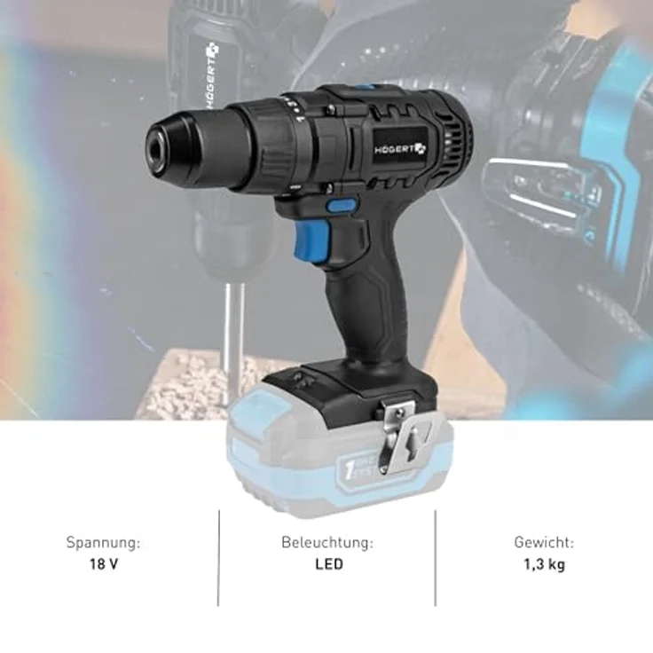 Högert Technik Akkuschrauber 18V, Bohrschrauber mit 50 Nm Drehmoment, 13 mm Auto-Lock-Mandrin, 21+1 Stufen, LED-Beleuchtung, ohne Akku – Bild 6