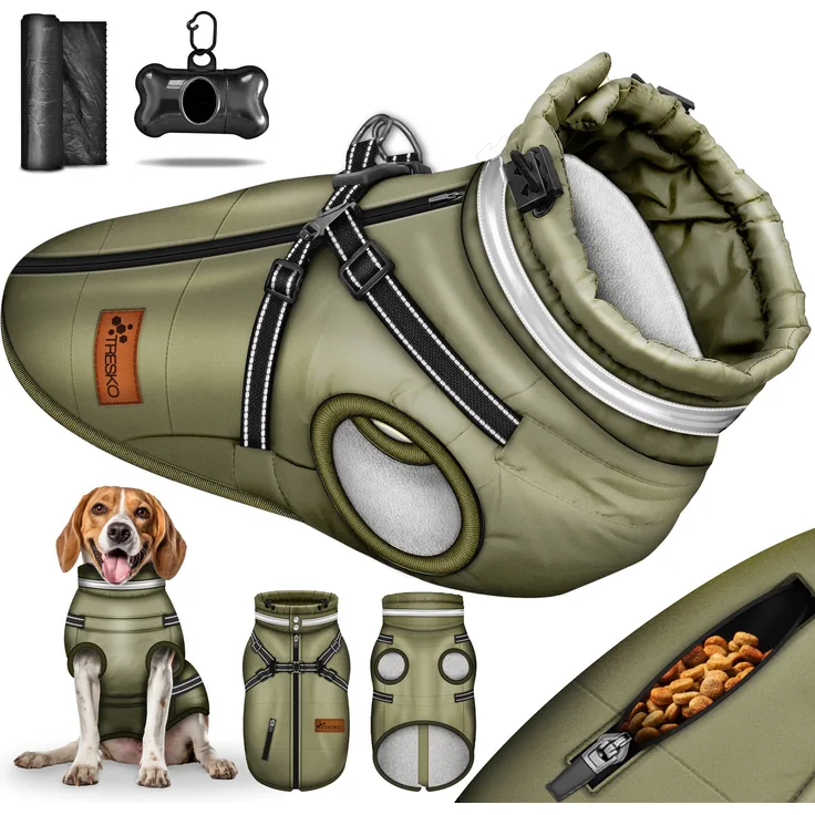 TRESKO Hundejacke Winter mit Reflektoren inkl. 15 Stück Kotbeutel, + Spender Hunderegenmantel wasserdicht Hundemantel mit Geschirr Weste, blau