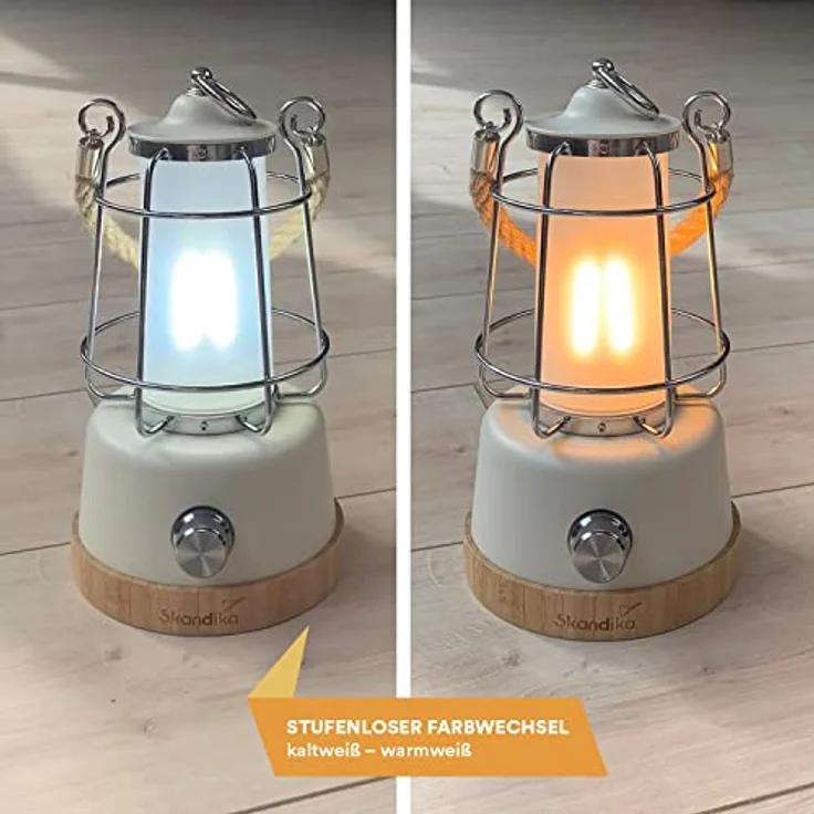Skandika LED-Lampe Kiruna | Retro Outdoor Campinglampe mit Powerbank, stufenlos dimmbar, kabellos, Akku, aufladbar, USB, warm- und kaltweiß, 75h Leuchtzeit (Kiruna weiß) – Bild 2