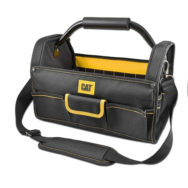 CAT CATERPILLA Werkzeugtasche mit Metallgriff, 40 cm, schwarz/gelb, strapazierfähig mit 16 Halterungen und 10 Außentaschen