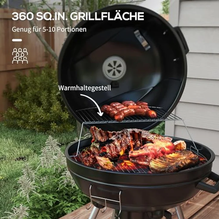 Outsunny Holzkohlegrill, Campinggrill mit Grillrost, Rädern, Ablage, Gartengrill mit Aschefänger, integriertem Thermometer für BBQ Metall Schwarz 55 x 65 x 89 cm – Bild 3