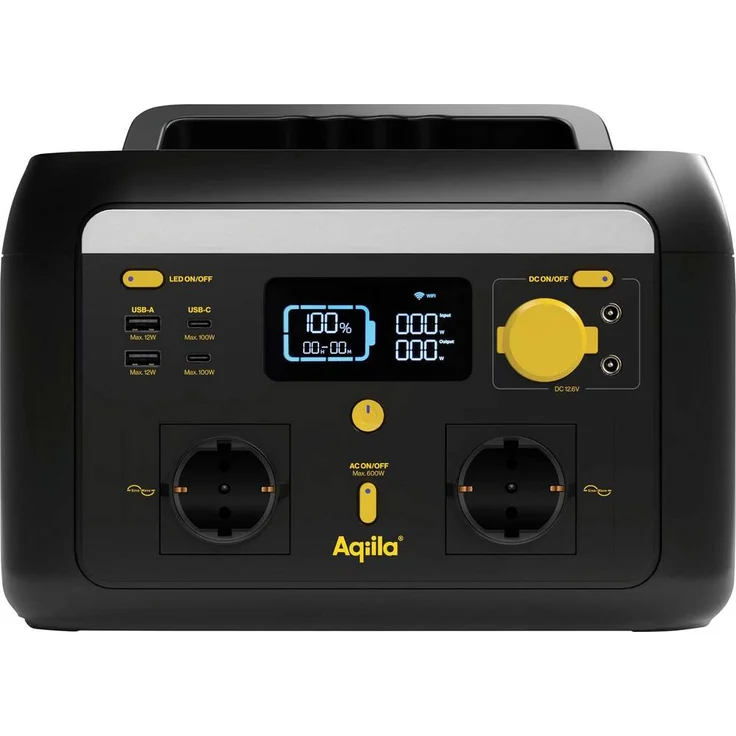 Aqiila S600V2 Powerstation 20Ah LiFePO4, 512Wh, 600W tragbare Energieversorgung mit LCD-Display und LED-Taschenlampe, Schwarz-Gelb