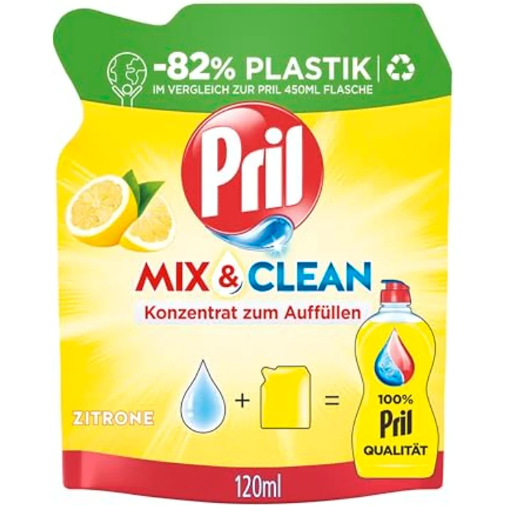 PRIL Original Konzentrat Mix & Clean, Geschirrspülmittel Zitrone 120 ml, Kalt-Aktiv-Formel, 82% weniger Plastik, recycelbare Verpackung – Bild 1