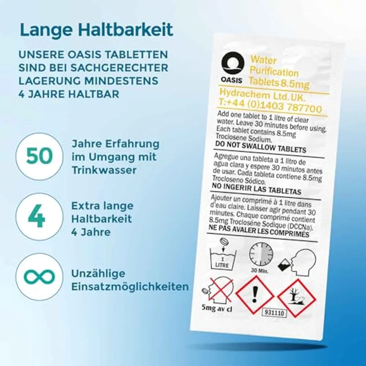 Wicked Chili Oasis 10x Wasserreinigungstabletten - 1 Liter Trinkwasser pro Tablette - Water Purification Tablet für Outdoor, Notfall, Camping, Reiseapotheke, Chlortabletten, Notfallset (8.5MG NaDCC) – Bild 6