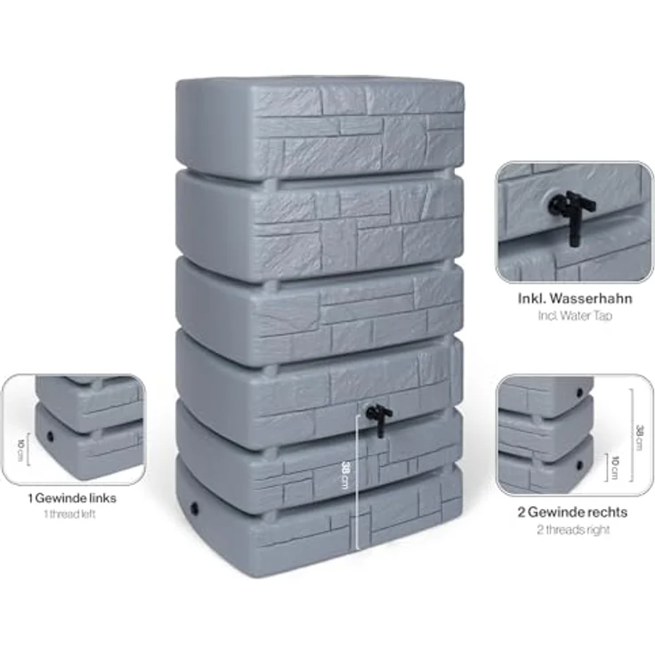 Kreher XXL Wassertonne Tower Stone in Grau, 500 Liter Nutzungsvolumen mit Wasserhahn und Füllautomat – Bild 4