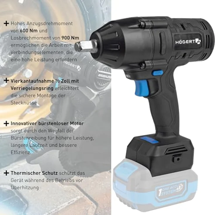 HÖGERT TECHNIK Akumulatorowy Holzschrauber 18 V, 600 Nm Drehmoment, bürstenloser Motor, ½" Vierkantanschluss, LED-Beleuchtung, ohne Akku, Metallgetriebe – Bild 3
