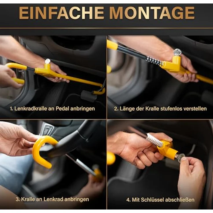 Heldenwerk Lenkradkralle Diebstahlsicherung Lenkradsperre Auto universal gelb 	Maße: 63x12x5cm	Farbe: gelb	Material: gehärteter Stahl – Bild 6