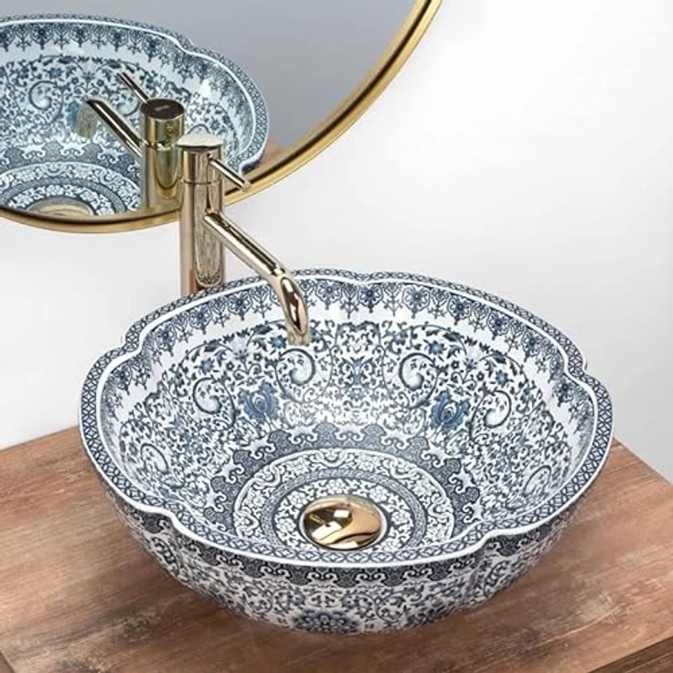 Rea Aufsatzwaschbecken Vivien, Waschtisch Handwaschbecken Spülbecken Waschschale Waschbecken für Badezimmer aus hochwertiger Keramik 425 x 425 x 150 mm (weiß/blau) – Bild 3