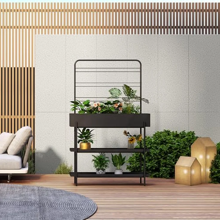 casa.pro Outdoor Pflanzenregal Aalsmeer, Pflanzenständer mit Blumenkasten und 2 Ablagen, Metall 154 x 96 x 24 cm, schwarz – Bild 2