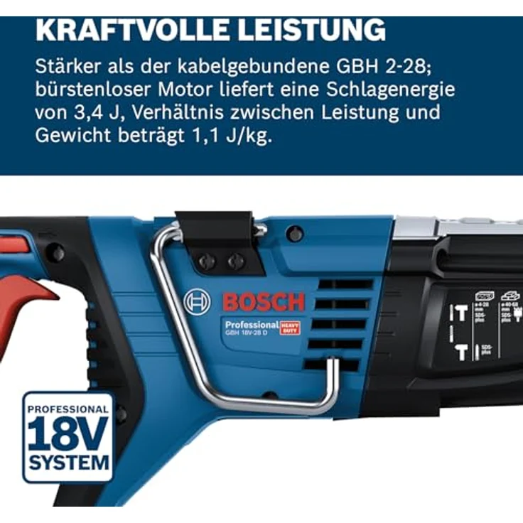 BOSCH Akku-Bohrhammer GBH 18V-28 D Professional solo, 18Volt XL-BOXX, bürstenloser Motor, 3,4 Joule Schlagenergie, LED-Lampe, Vibration Control, inkl. Zusatzhandgriff und Tiefenanschlag – Bild 2