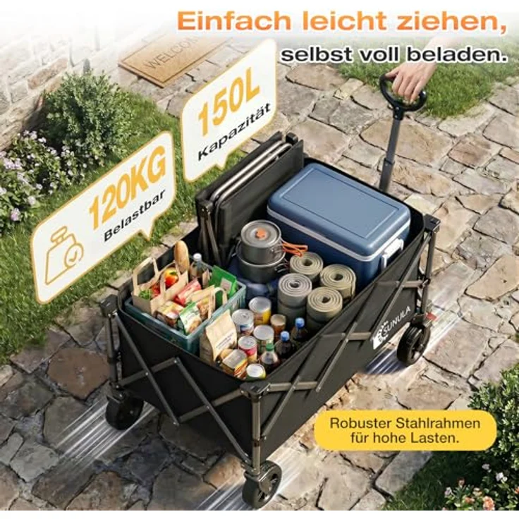 Sunula SUNULA Bollerwagen, Faltbar mit 120KG Tragkraft, Klappbarer Handwagen mit Ein-Klick-Handgriff, Geländegängige Räder mit Bremsen, 150L Volumen, Schwarz – Bild 4