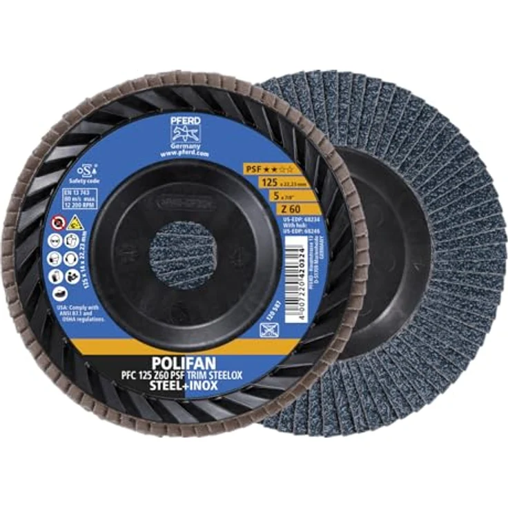 PFERD POLIFAN Fächerscheibe 125 mm Zirkonkorund Z60, universelle Schleifscheibe für Stahl & Edelstahl (INOX), Form PFC/B/T29, 10 Stück – Bild 1