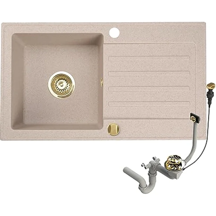 Granitspüle 76x44 Küchenspüle Gold Granit Spülbecken f. Unterschränke ab 45 cm inkl.Siphon Set (Mit Armatur, Beige) – Bild 4