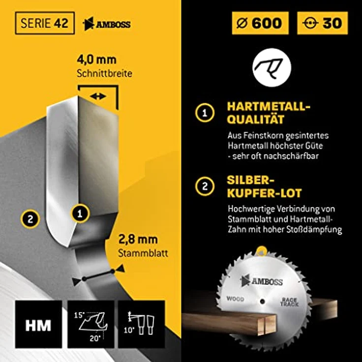 Amboss HM Kreissägeblatt - Ø 600 mm x 4.0 mm x 30 mm/Wechselzahn (40 Zähne) | für grobe, schnelle Zuschnitte in Brennholz & Holzwerkstoffe – Bild 5