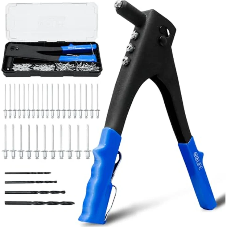 CCLIFE Nietzange Set, Profi Blindnietzange mit 200tlg Blindnieten in 4 Größen, inklusive 4 HSS-Bohrer und stoßfester PET-Box – Bild 1